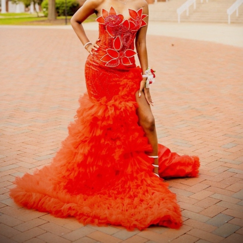 Stunning Red Strapless Gown with Floral Details